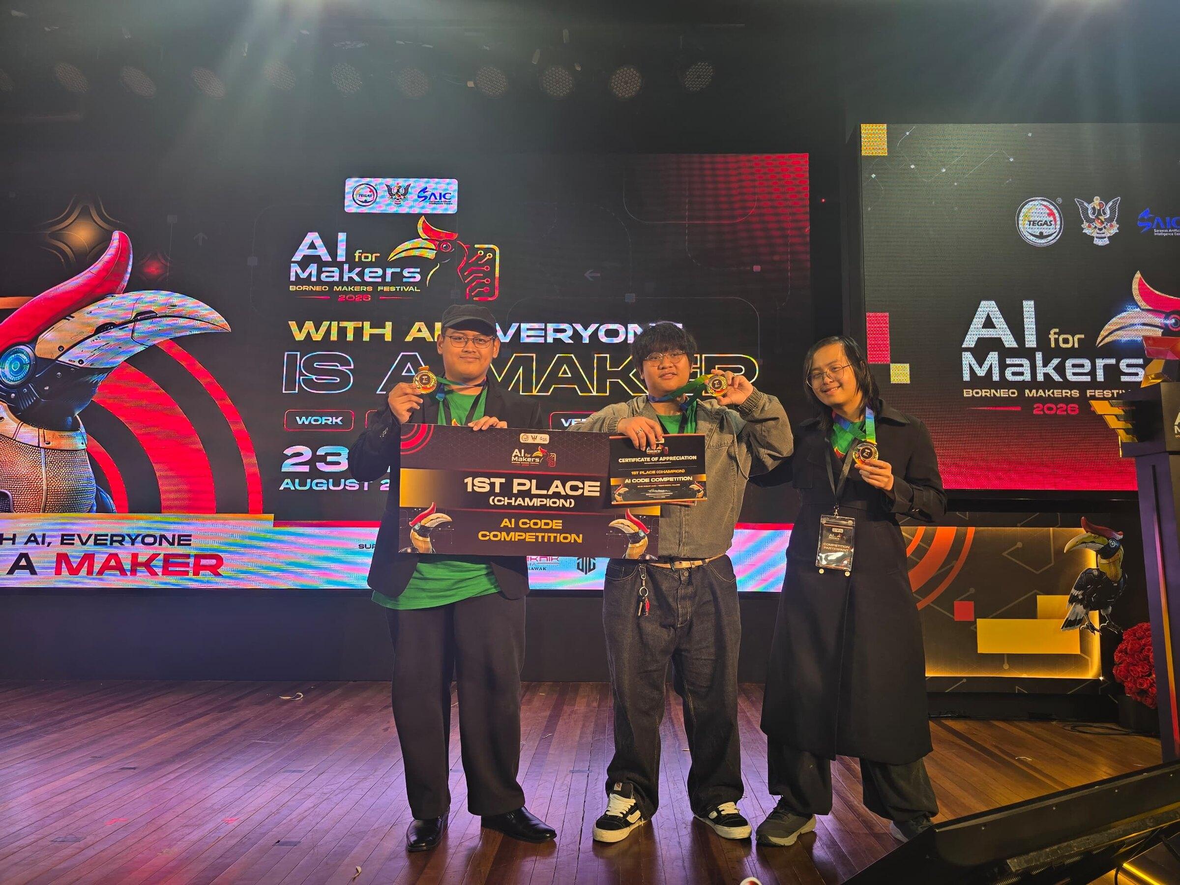 The team with medals and the champion cheque in front of the AI For Makers backdrop