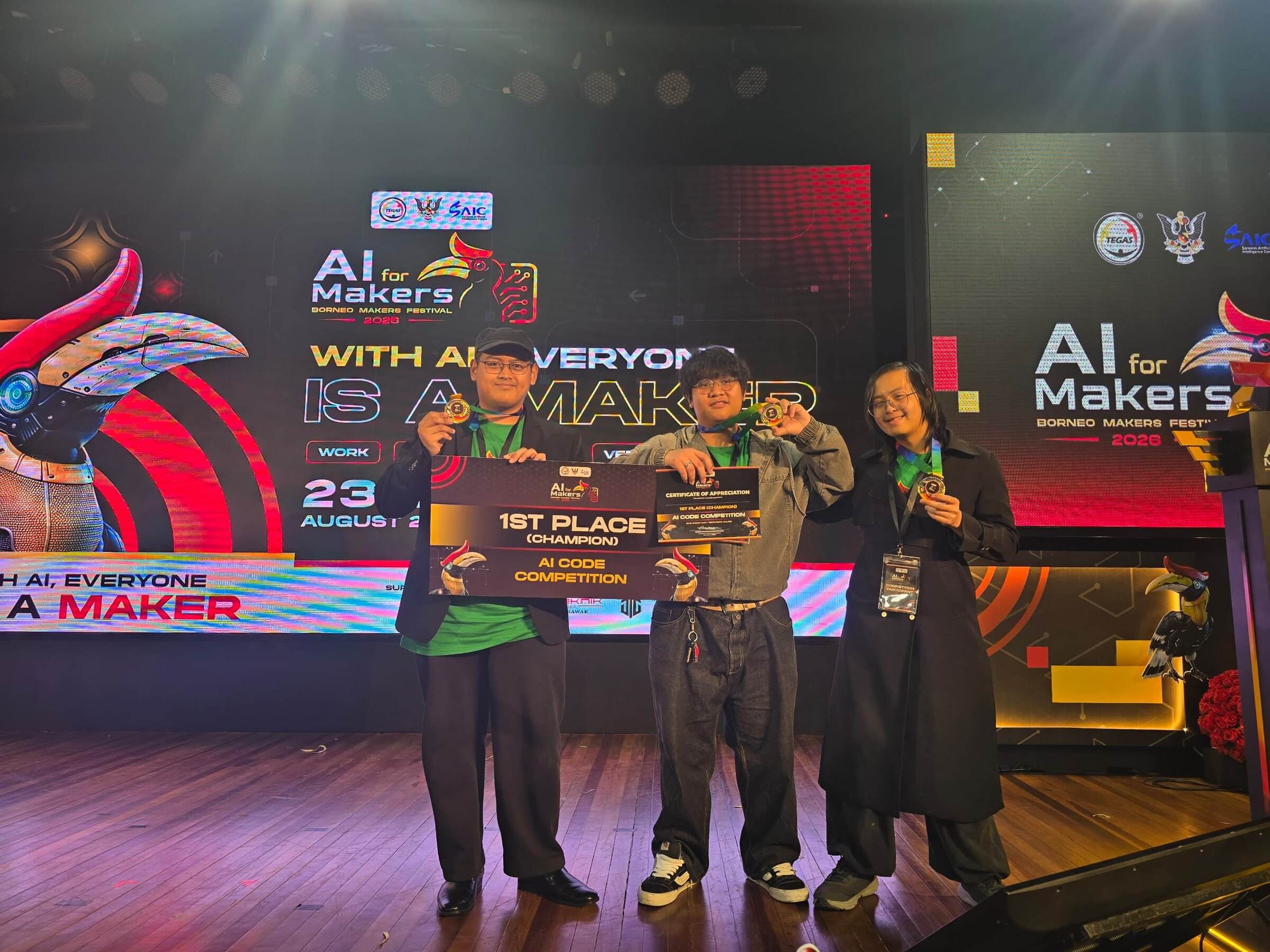 The team with medals and the champion cheque in front of the AI For Makers backdrop