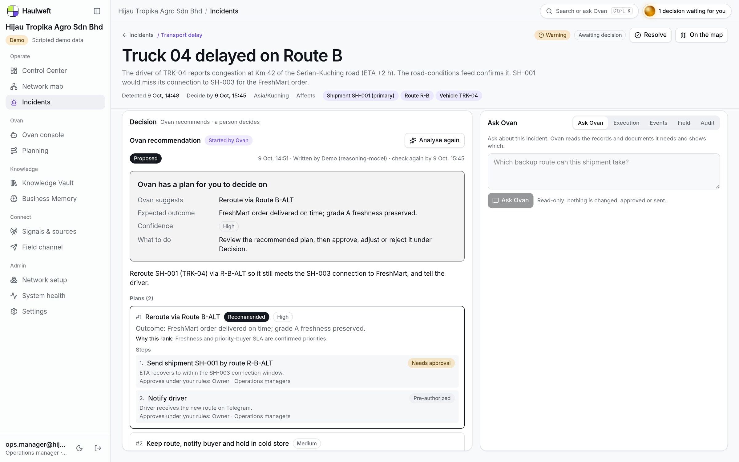 Haulweft incident page: a delayed truck, the recommended plan and steps that need approval