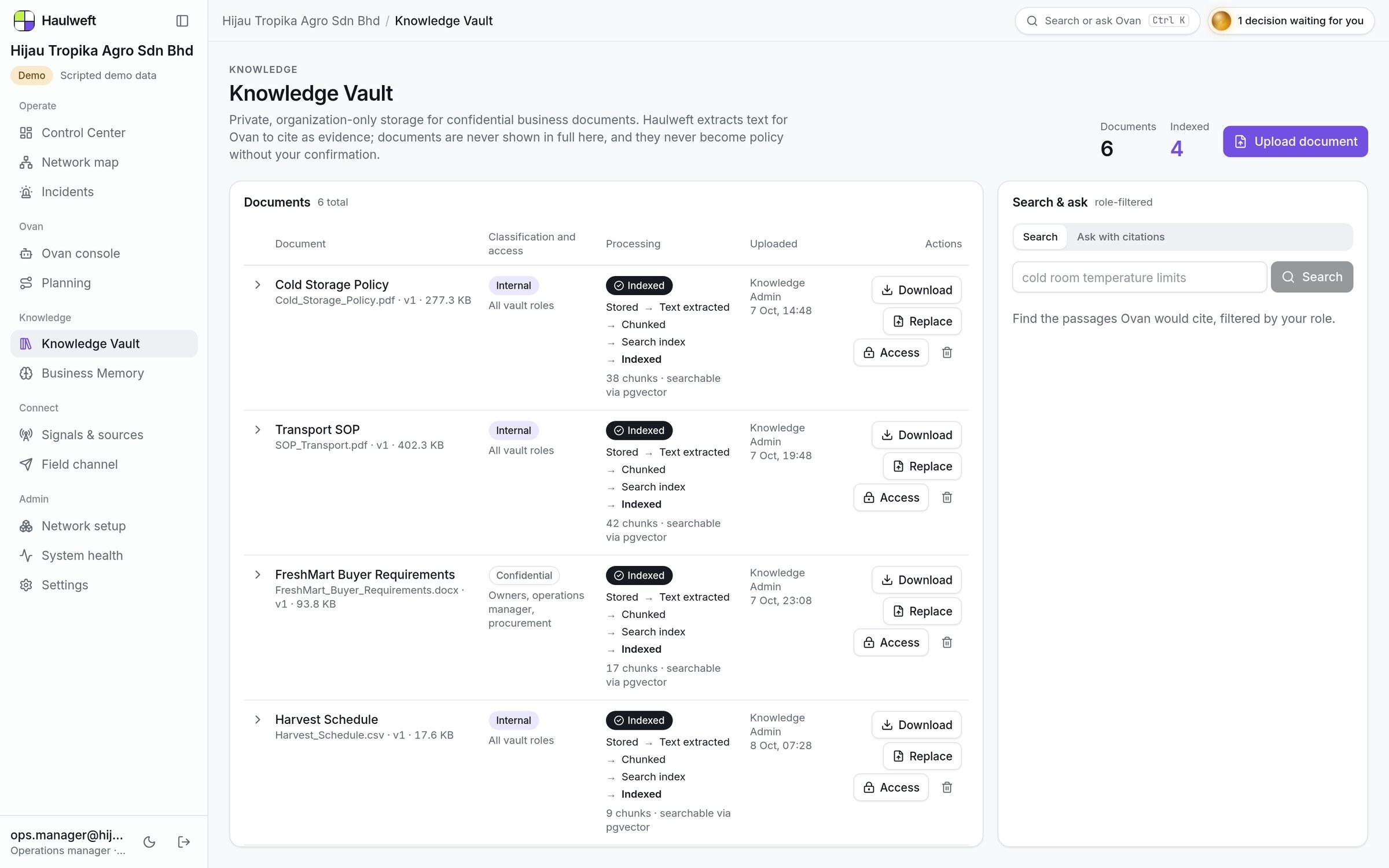 Haulweft Knowledge Vault listing company documents such as cold storage policy and transport SOP