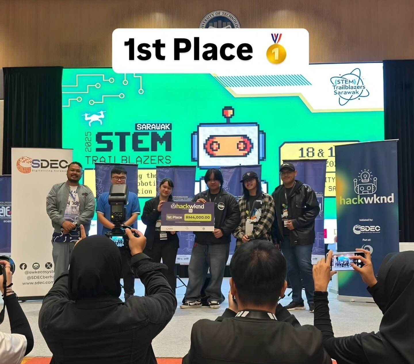 TheRookies on stage at the Sarawak STEM Trailblazers ceremony receiving the HackWknd first-place prize
