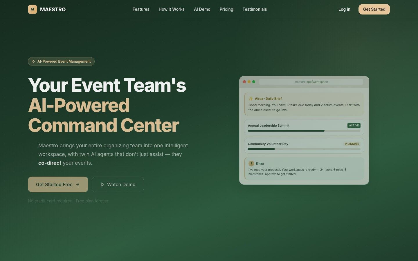 MAESTRO landing page: your event team’s AI-powered command center, with a preview of the workspace and its AI daily brief