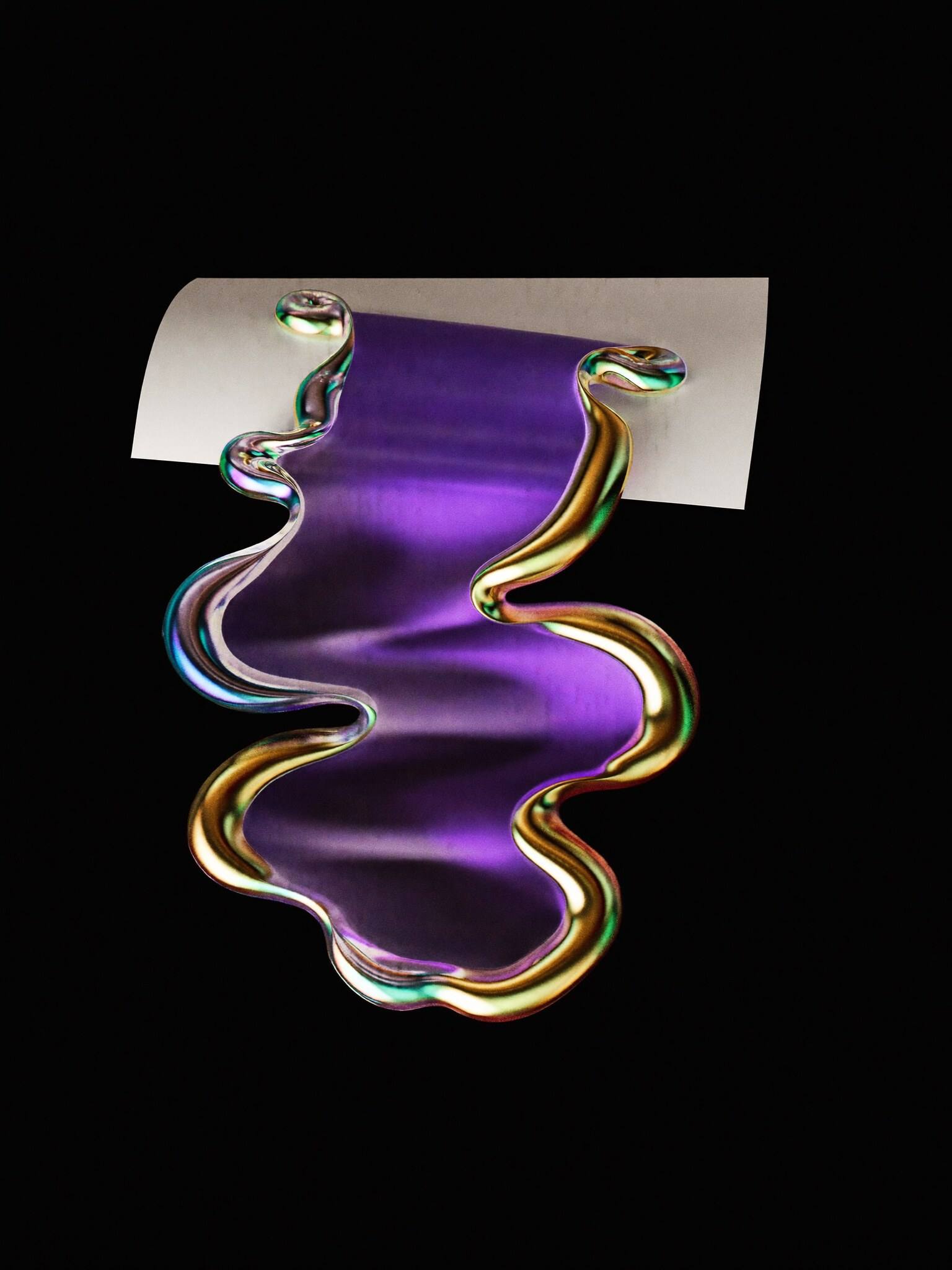 A sheet of paper turning into a ribbon of violet liquid glass with gold edges