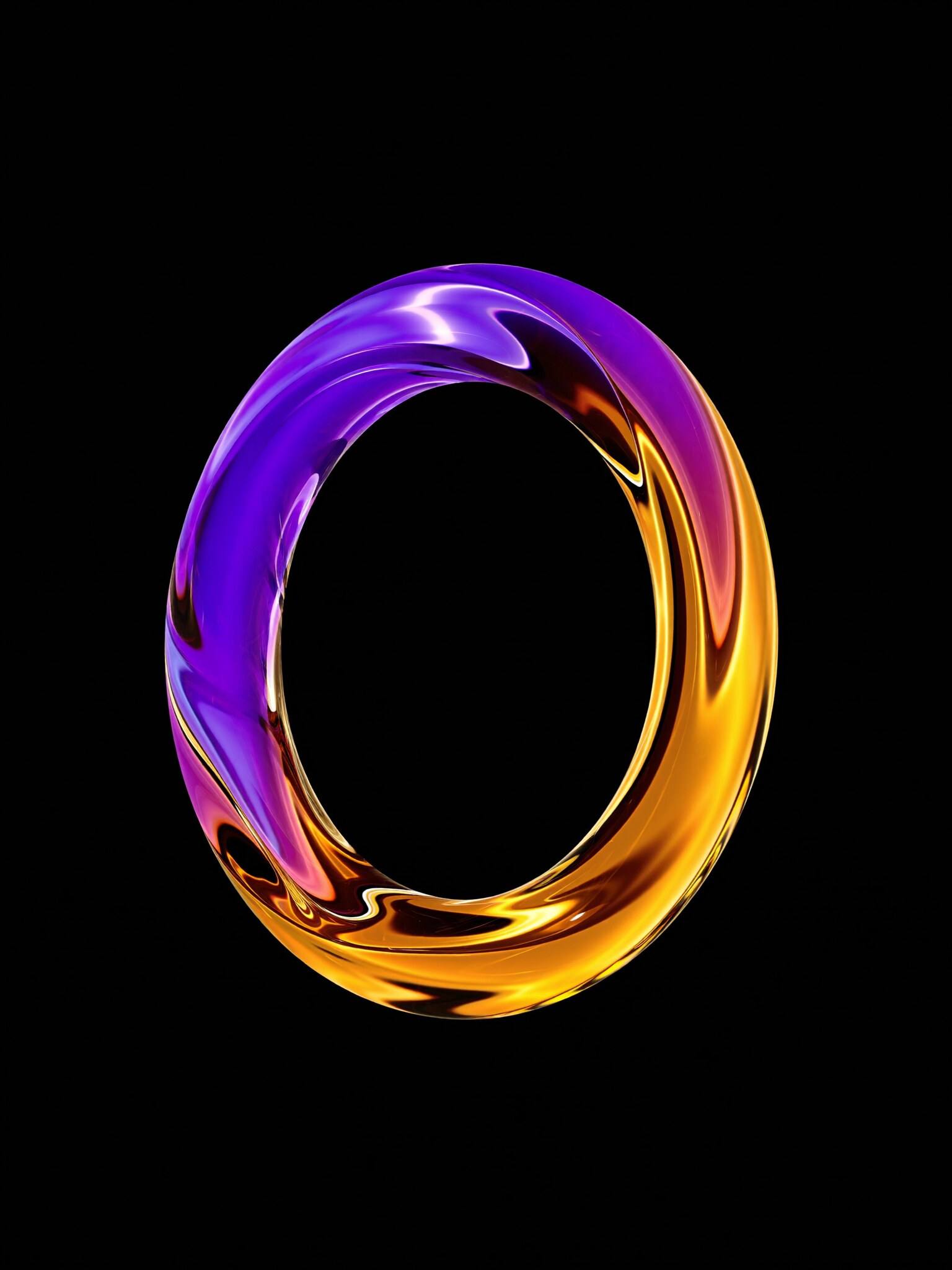 Two liquid glass rings, violet and gold, merging into one