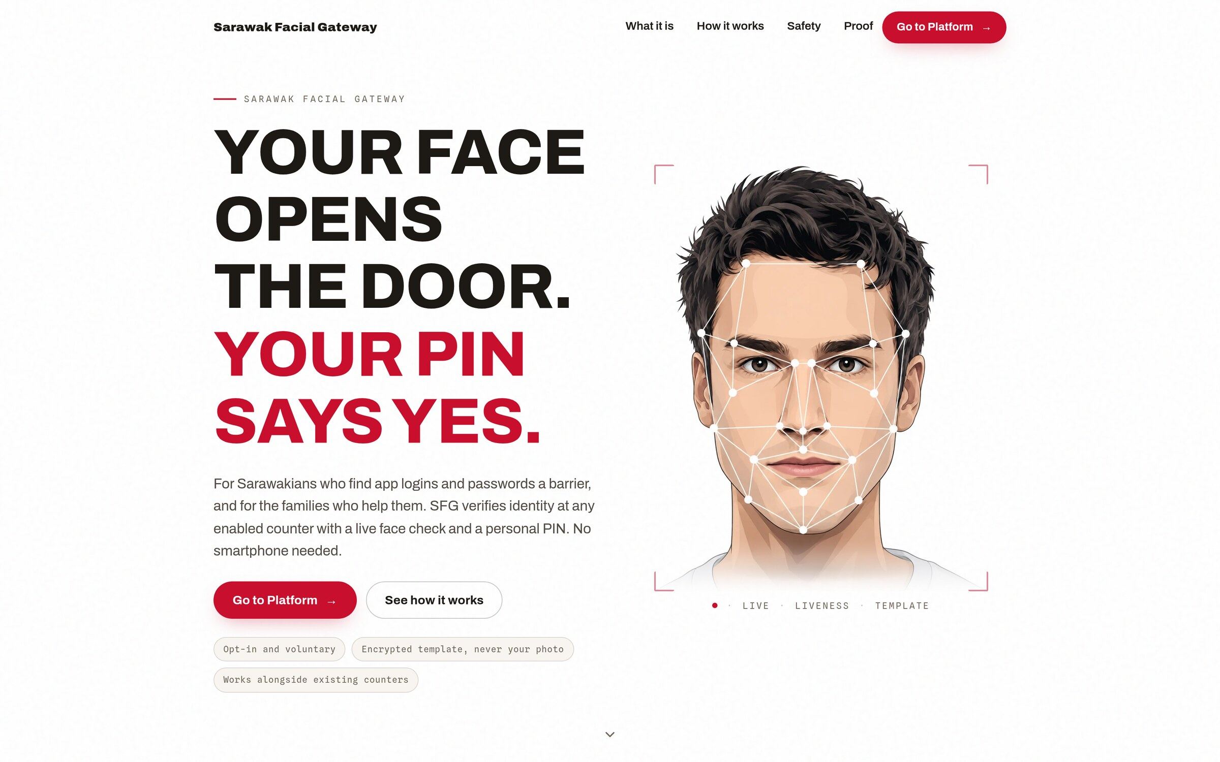 Sarawak Facial Gateway landing page: your face opens the door, your PIN says yes