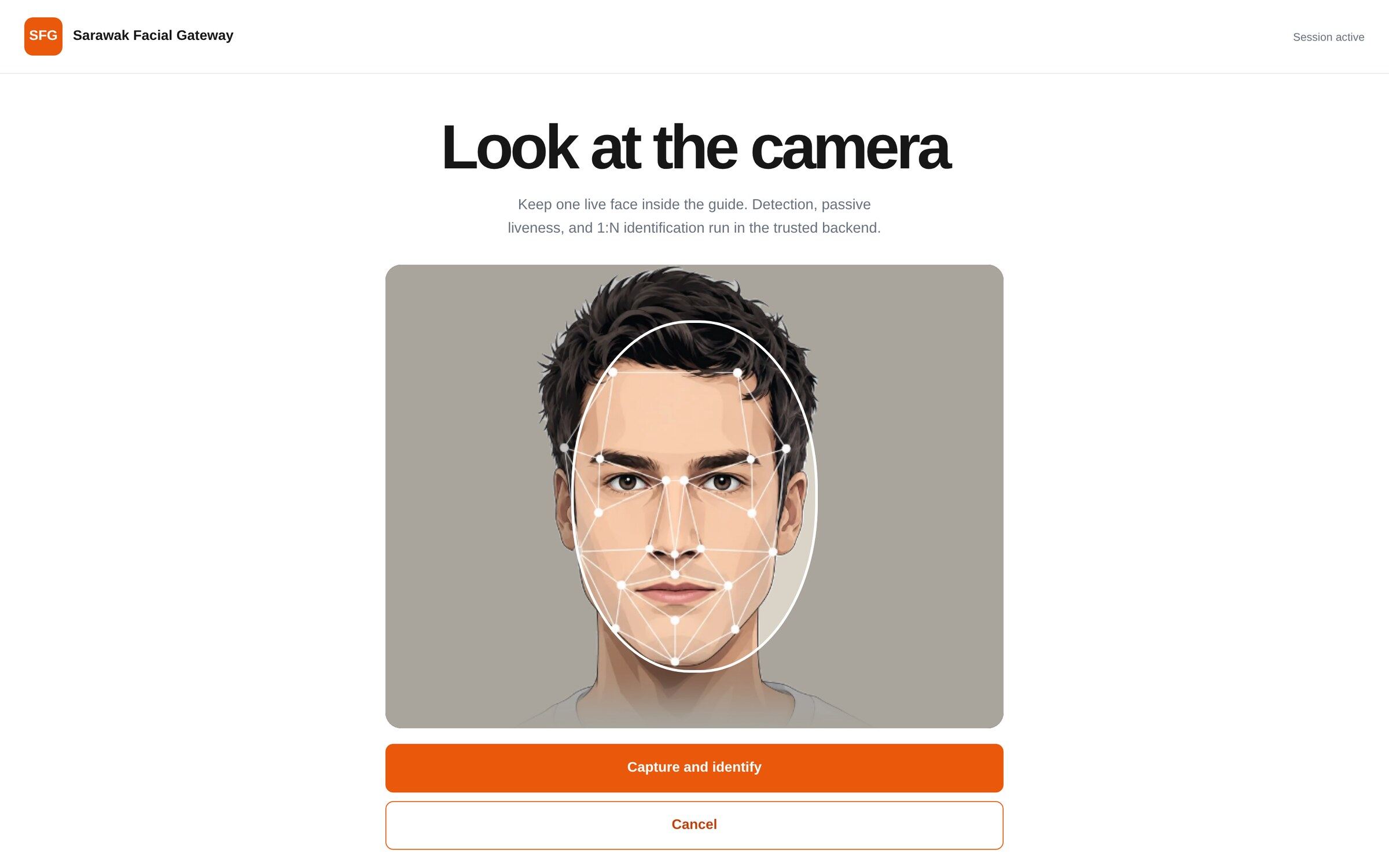 Kiosk screen asking the citizen to look at the camera, with a face guide overlay
